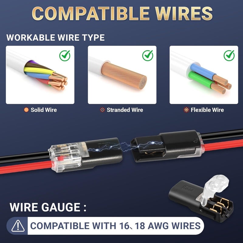 ONEXIDOL 2 Pin Low Voltage Wire Plug-in Connector for 16-18 AWG, Double-Wire Quick Disconnect Electrical Secure Connectors with Locking Buckle, No Strip/Solder for Automotive, LED Lights, DIY Projects (12 Pcs) - Image 4
